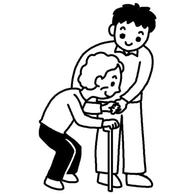 歩行介助1/介護・福祉/人物/無料【白黒イラスト素材】