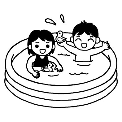 ちびっ子プール2/プール・水遊び/夏の行事/保育/無料【白黒イラスト素材】